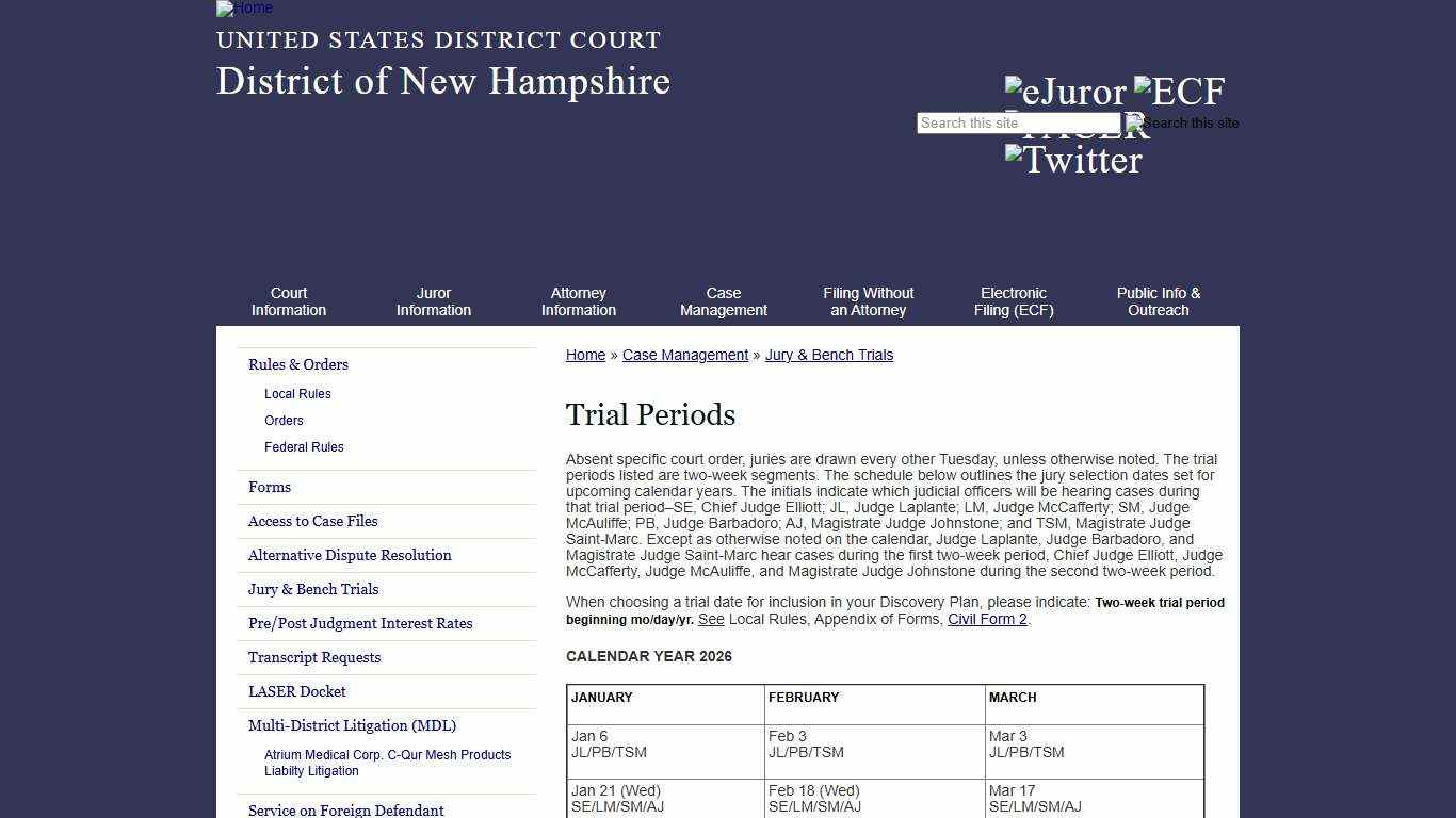 Trial Periods District of New Hampshire United States District Court